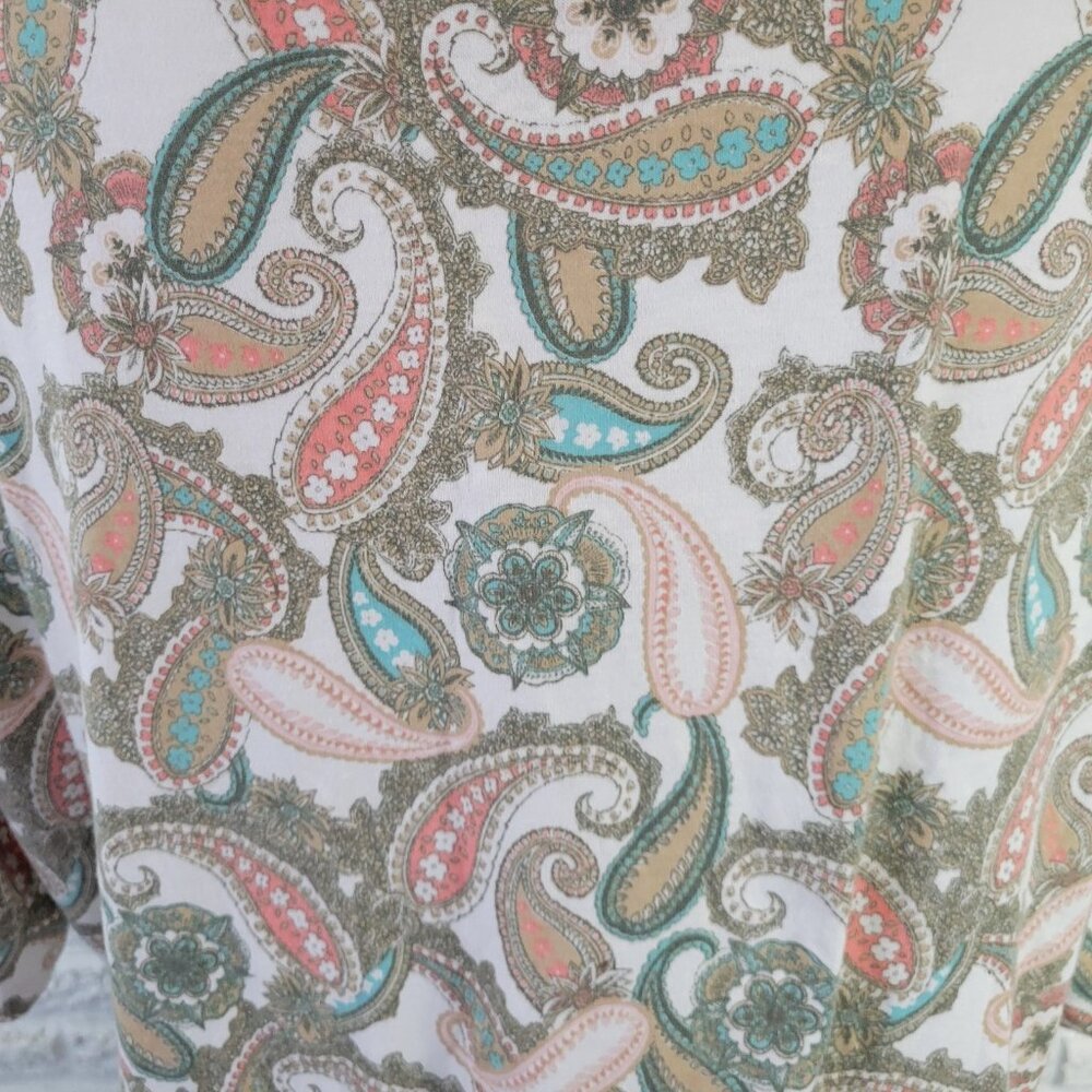 Coral Bay XL Green Pink Paisley T-Shirt Cotton Blend Jersey Stretch PAI43E - Picture 6 of 8